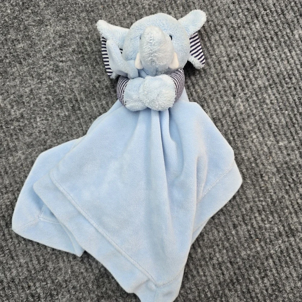 Carters Blue Elephant‎ Baby Lovey Security Blanket Stripes Plush Rattle Satin